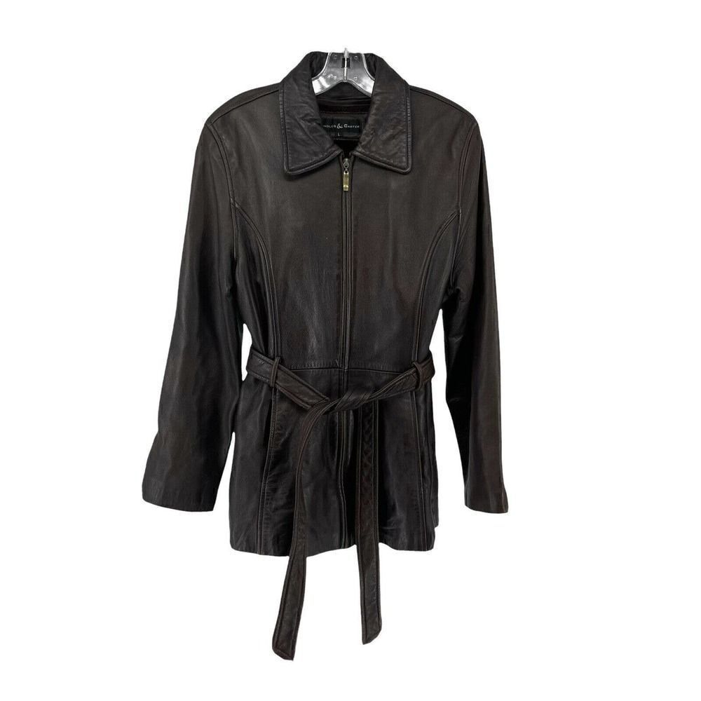 Knoles & Carter Leather Jacket Vintage Brown Belted Full Zip Size L Mid Length